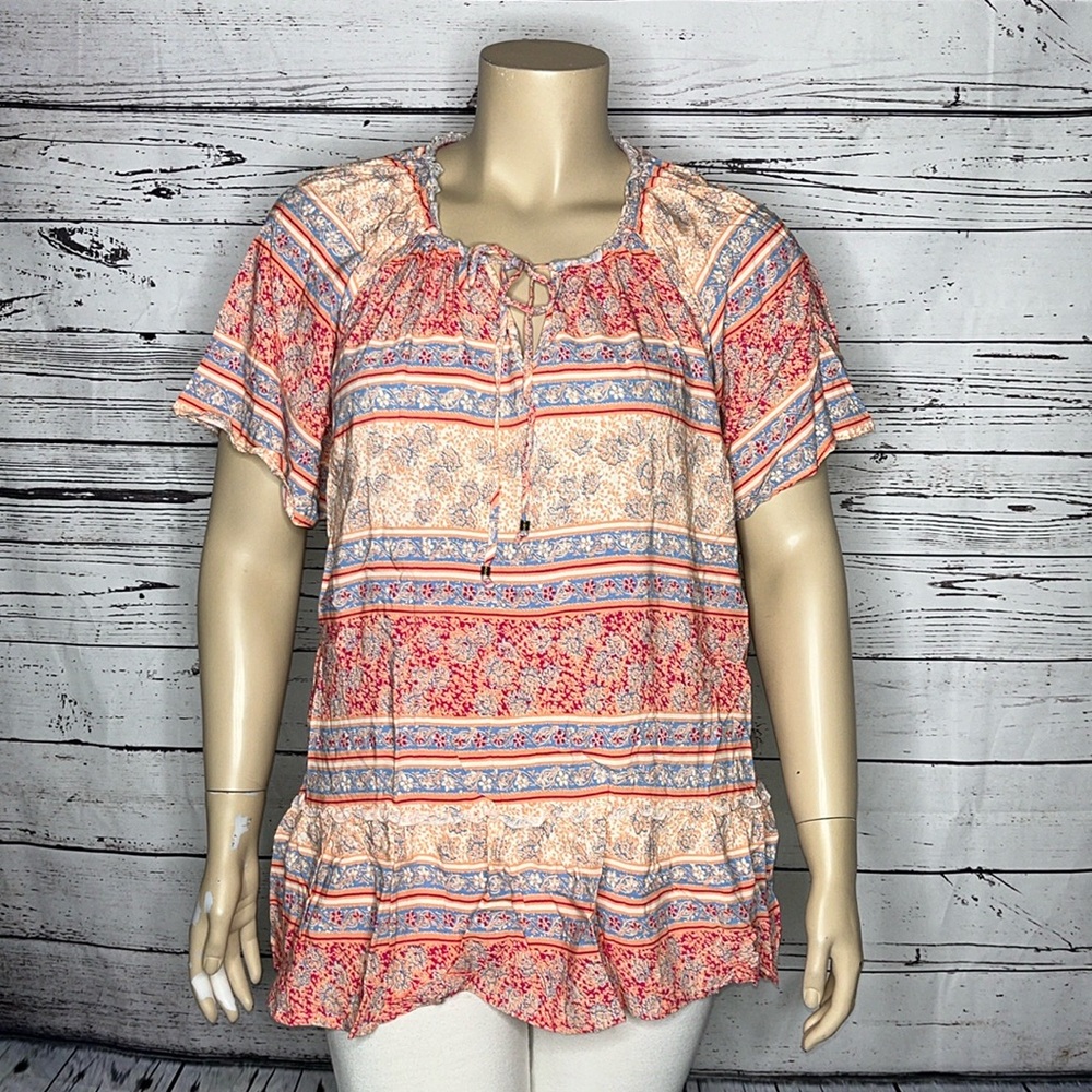 Avenue Size 26/28 Pink & Blue Floral Print Keyhole Peasant Shirt Top
